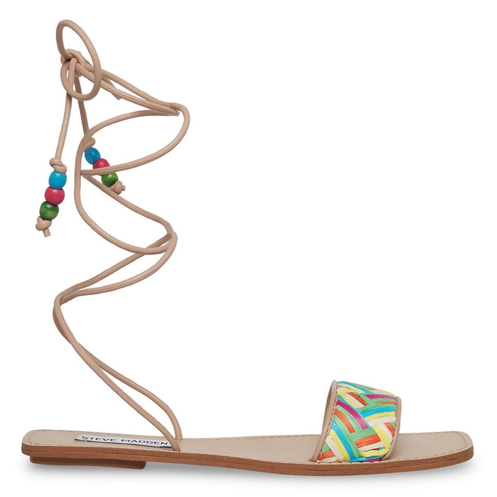 Steve Madden Beige Lace-Up Sandals with Multicolor Beaded Accent